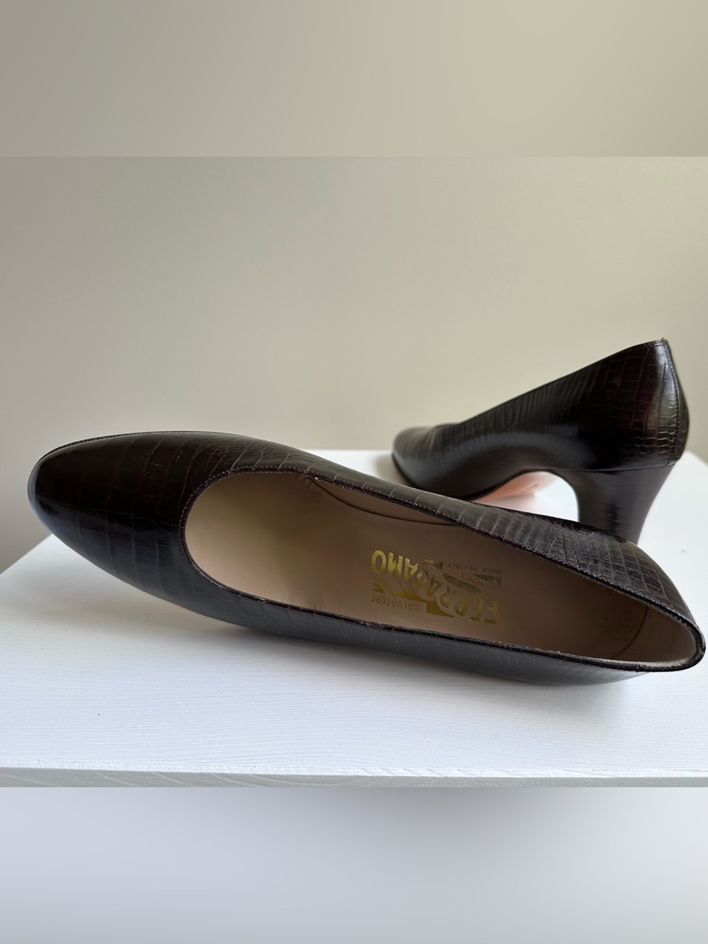 Salvatore Ferragamo Dark Brown Croc-Embossed Leather Pumps